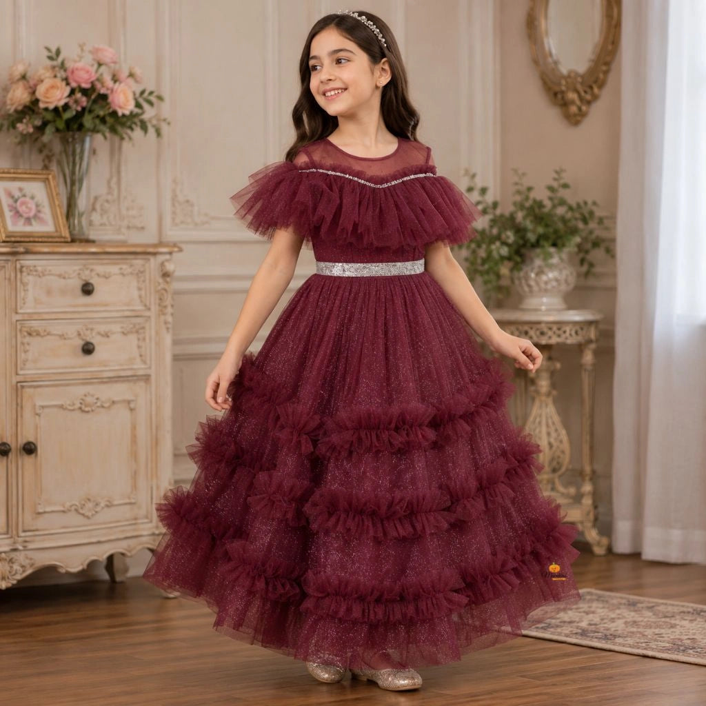 Buy Brown Glittery Layered Frill Gown for Girls – Mumkins