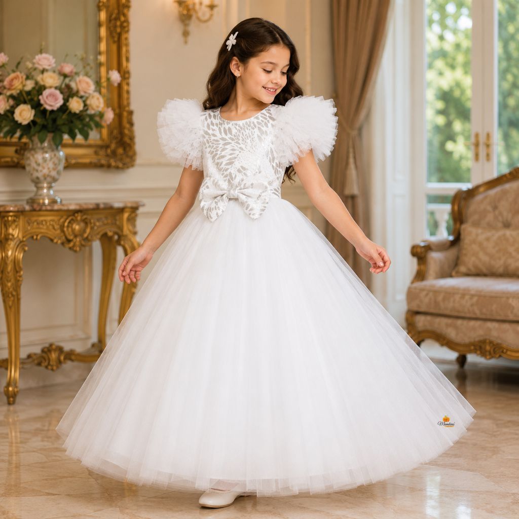 Buy White Ruffled Sleeves Bow Girlish Gown 6-7 Y / White