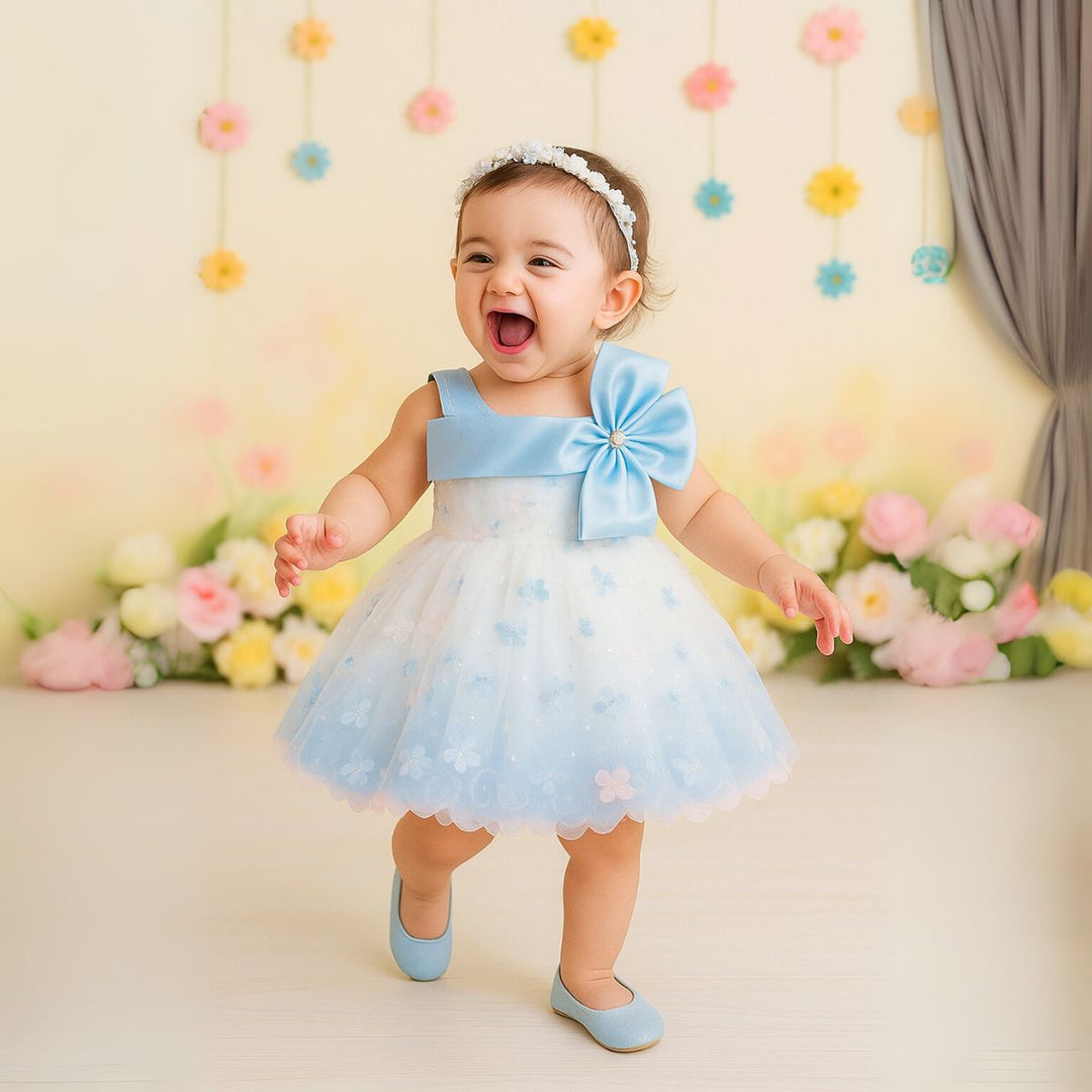 Sky Blue Off Shoulder Baby Girls Frock