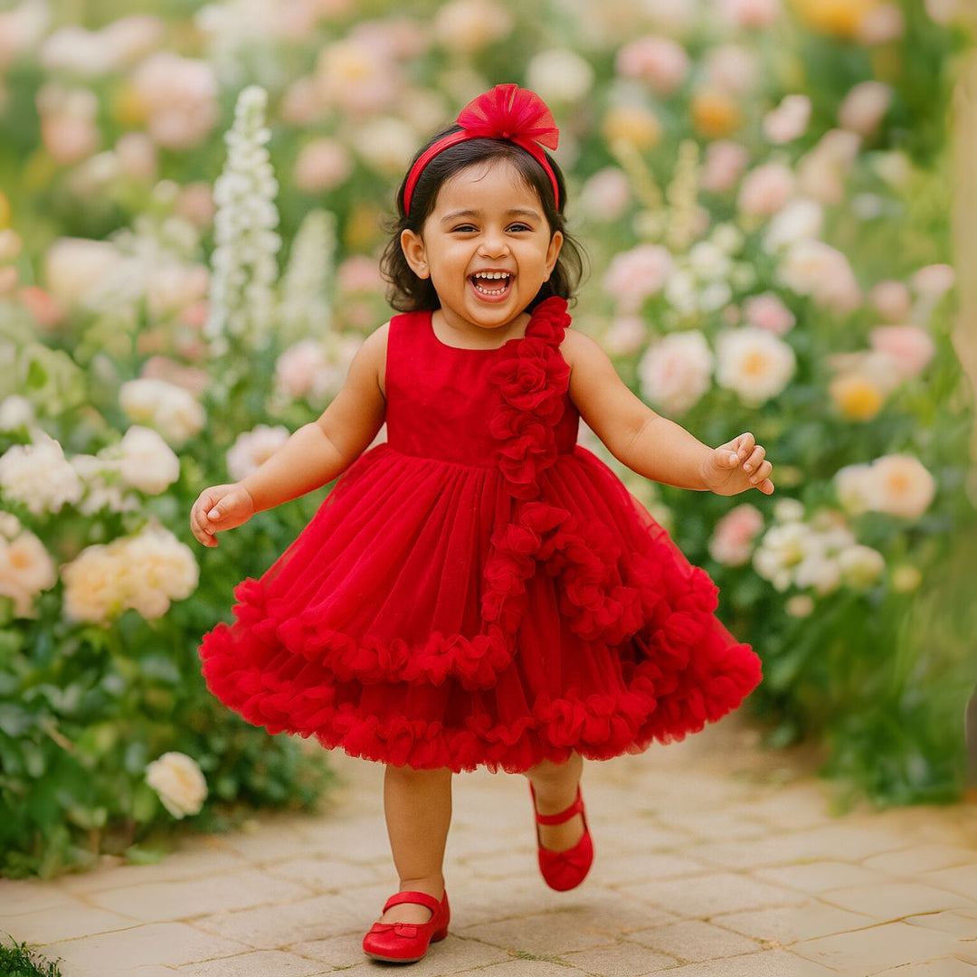 Ruffle & Floral Detailing Frock for Girls