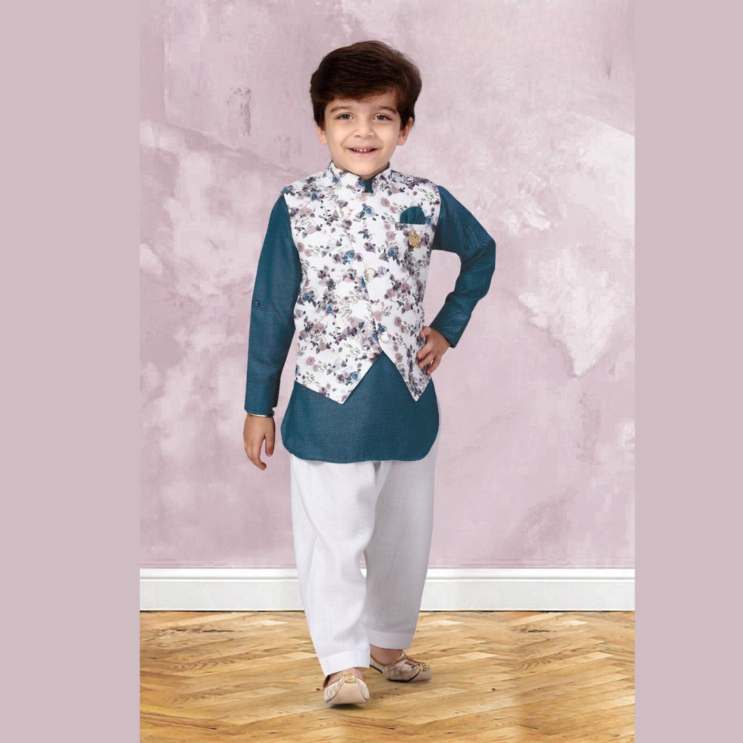 Blue Boys Kurta Pajama with Nehru Jacket Front