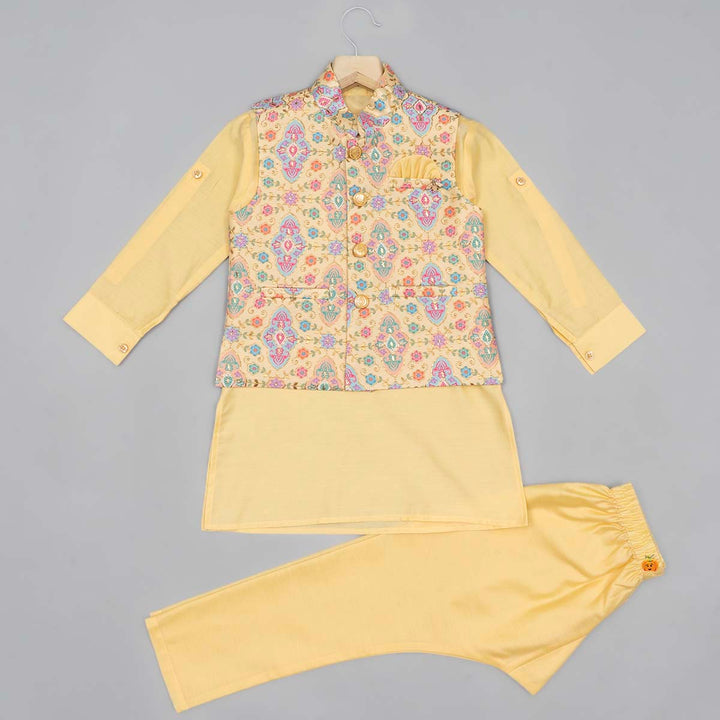 Yellow Printed Boys Kurta Pajama with Jacket Front View