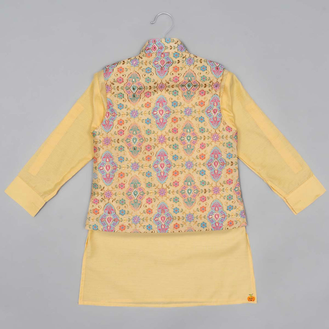 Yellow Printed Boys Kurta Pajama with Jacket Back View