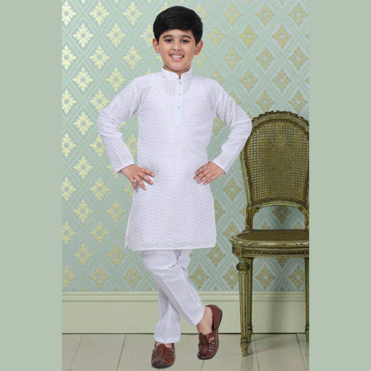 White Sequin Kurta Pajama for Boys - Main Image