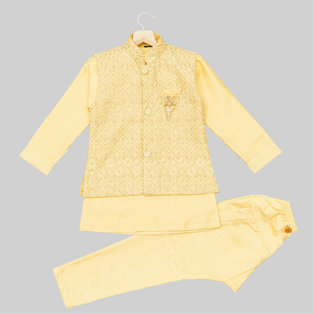 Yellow Kurta Pajama for Boys with Nehru Jacket Front 