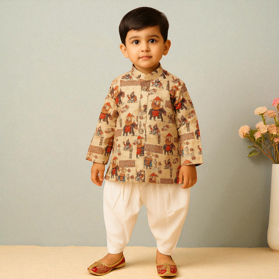 Fawn Printed Kurta Pajama Suit for Boys