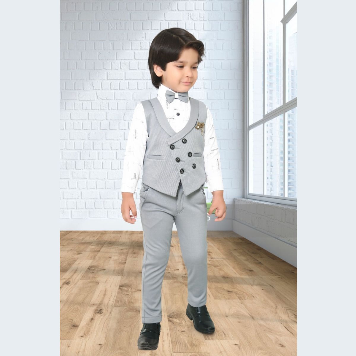 Grey Double Breasted Boys Party Wear Dress - Main Image