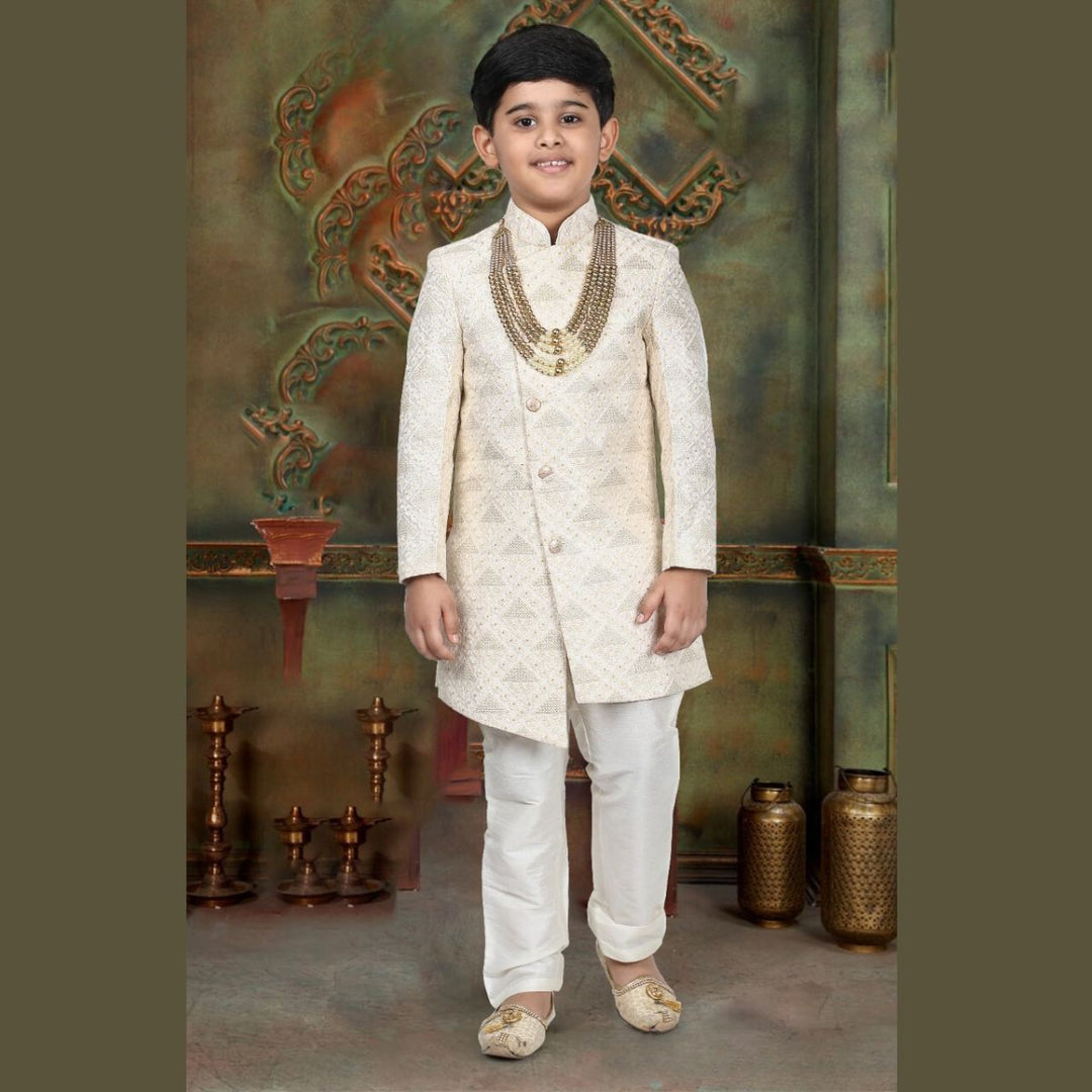 Cream Asymmetrical Sherwani for Boys Front 