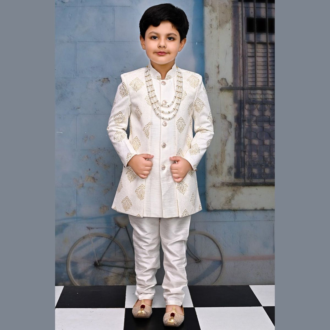 White Floral Pattern Boys Sherwani Front