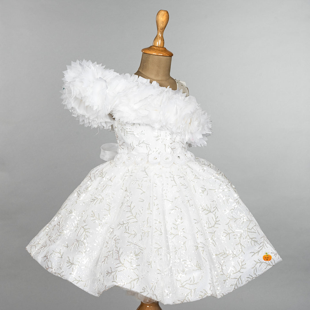 White Frill Sequin Girls Frock