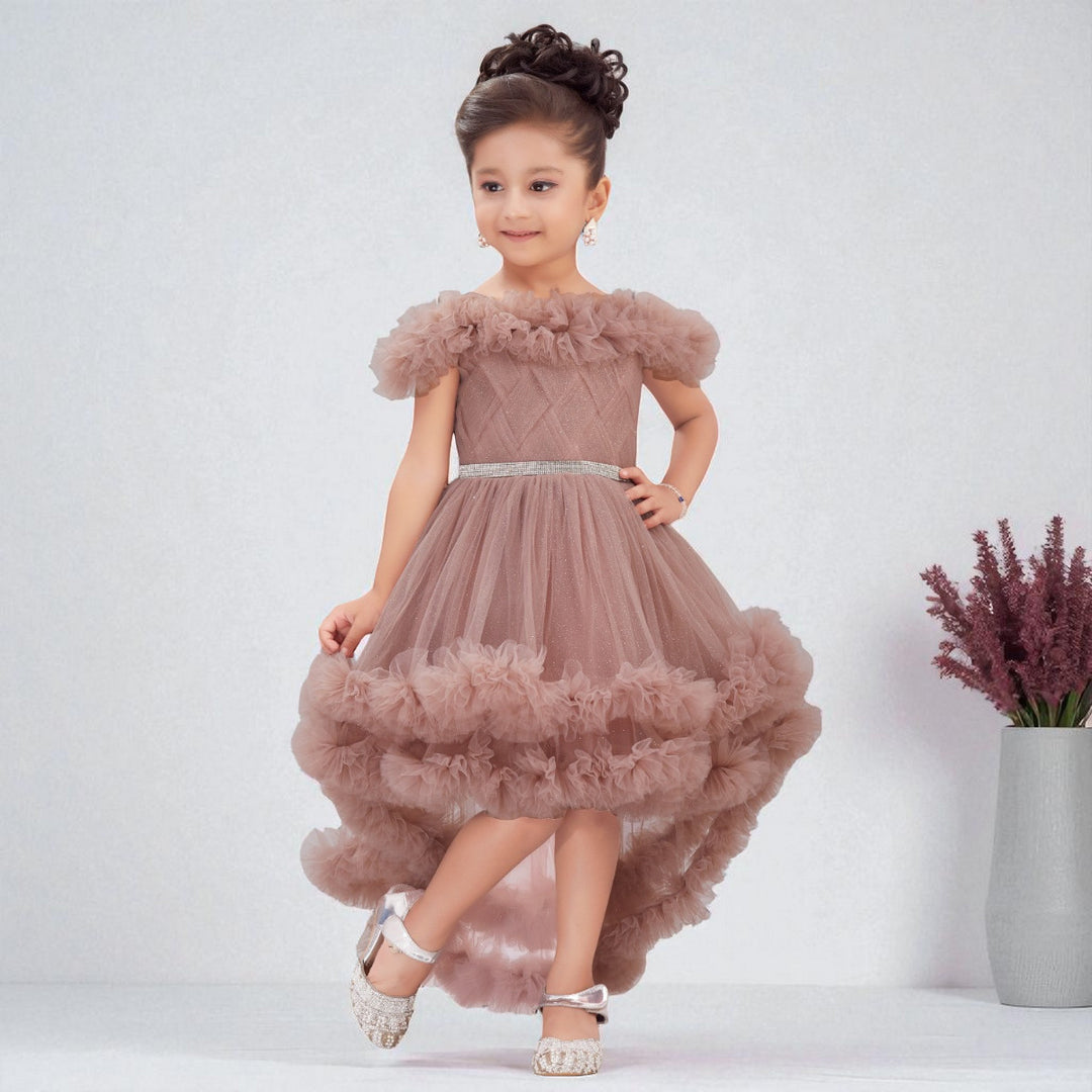 Beige Net Frock for Girls with Ruffle Detailing