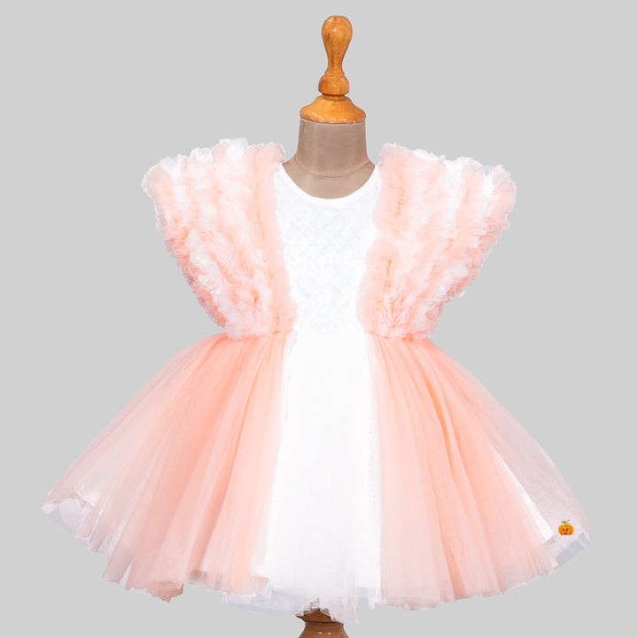 Peach Ruffled Sleeves Frock for Girls Front View