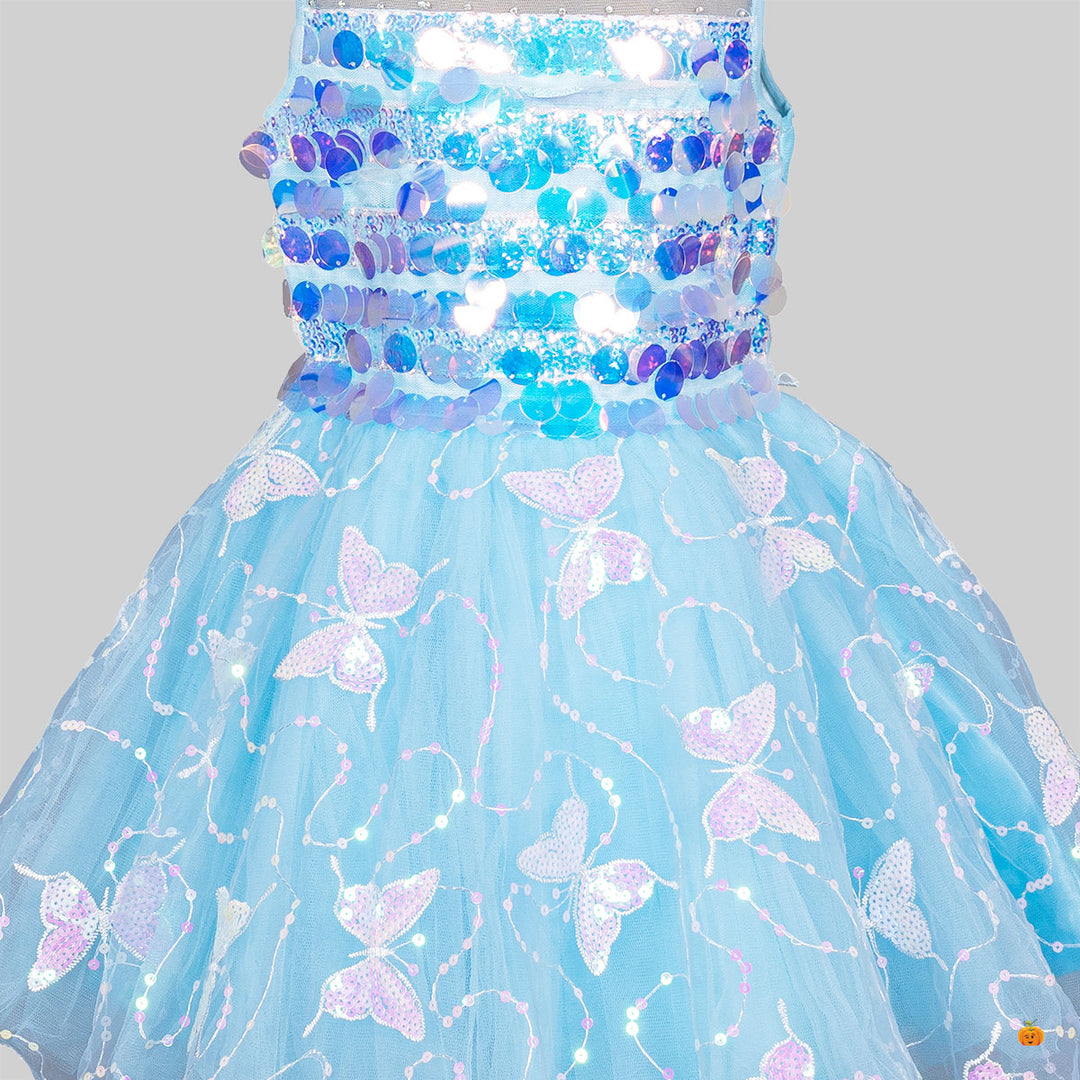 Turquoise Sequin Butterfly Frock for Girls Close Up 