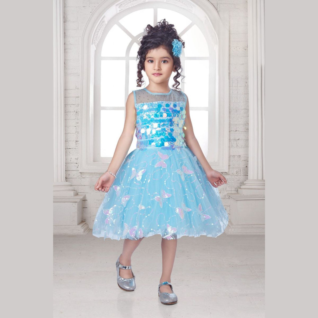 Turquoise Sequin Butterfly Frock for Girls Front