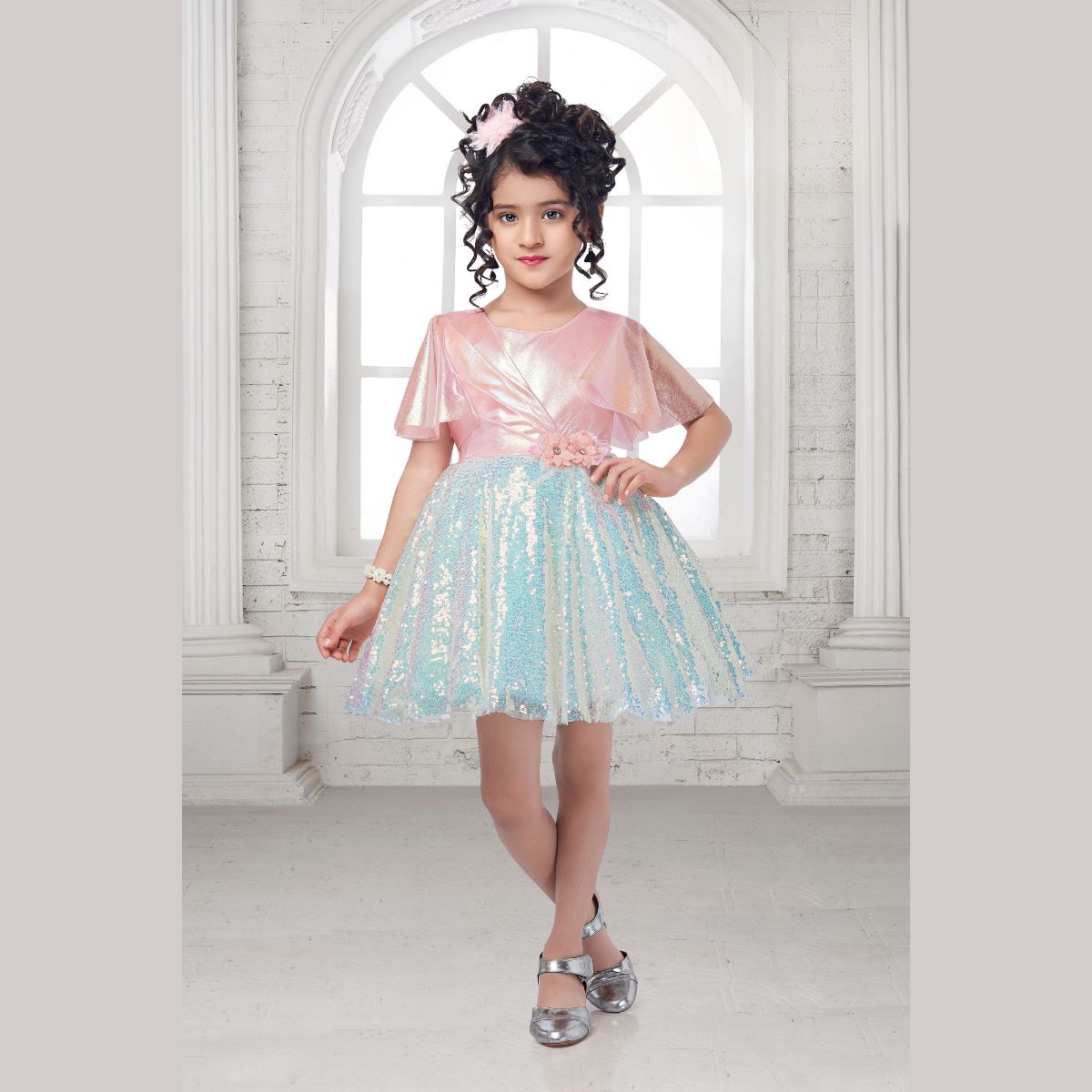 Girls floral printed & bow applique casual frock - Pink