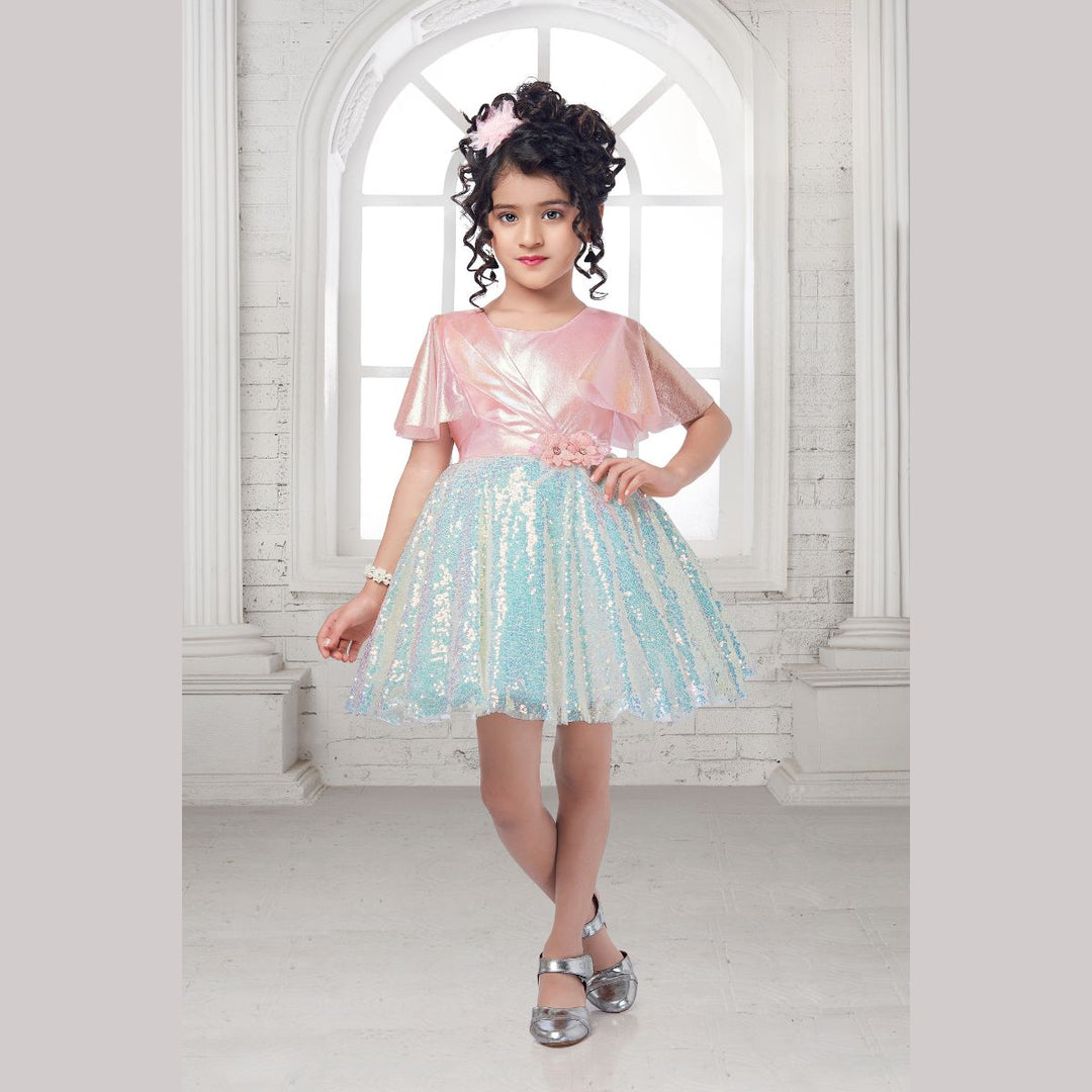 Pink Sequin Designer Party Wear Girls Frock Front