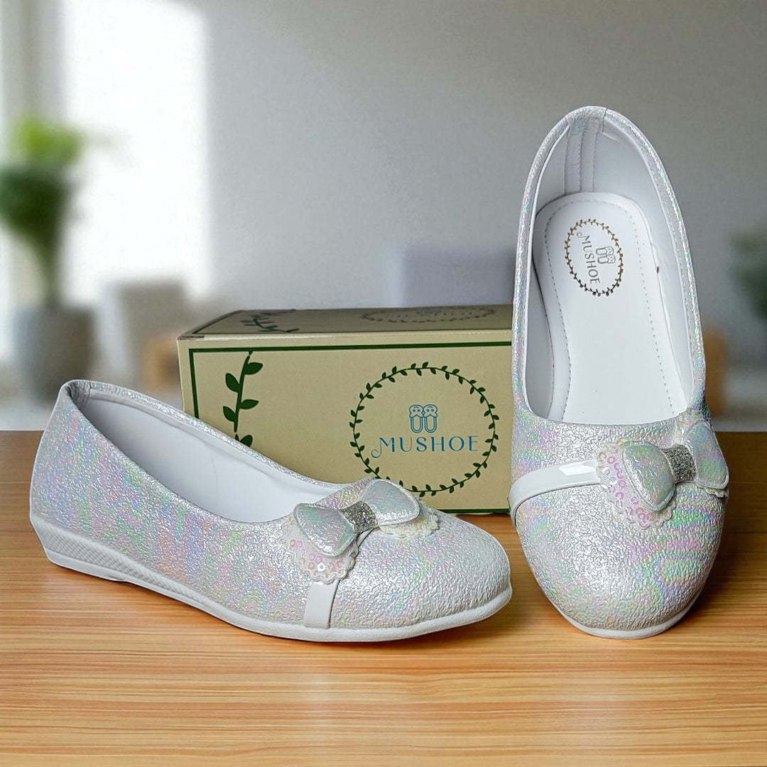 White Shimmer Girls Bellies with Bow