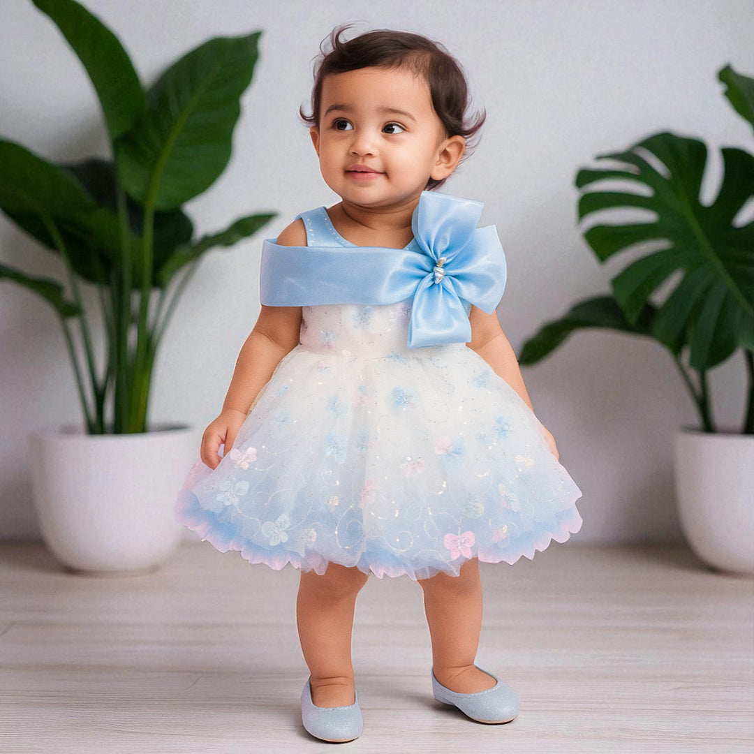 Sky Blue Off Shoulder Baby Girls Frock