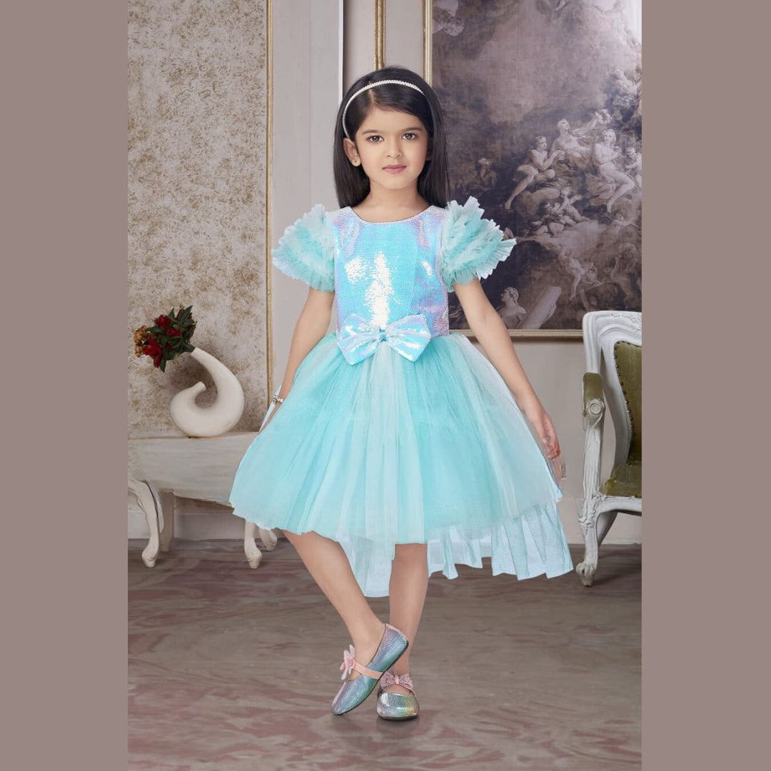 Turquoise Sequin Bow Girls Frock Front 