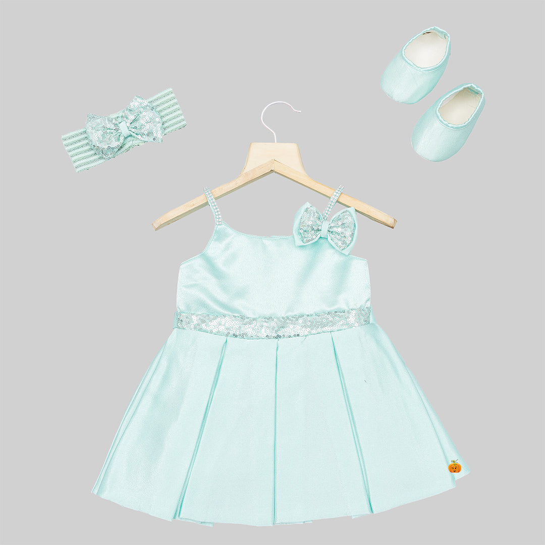 Sequin Bow Baby Frock with Shoes & Hairband Front