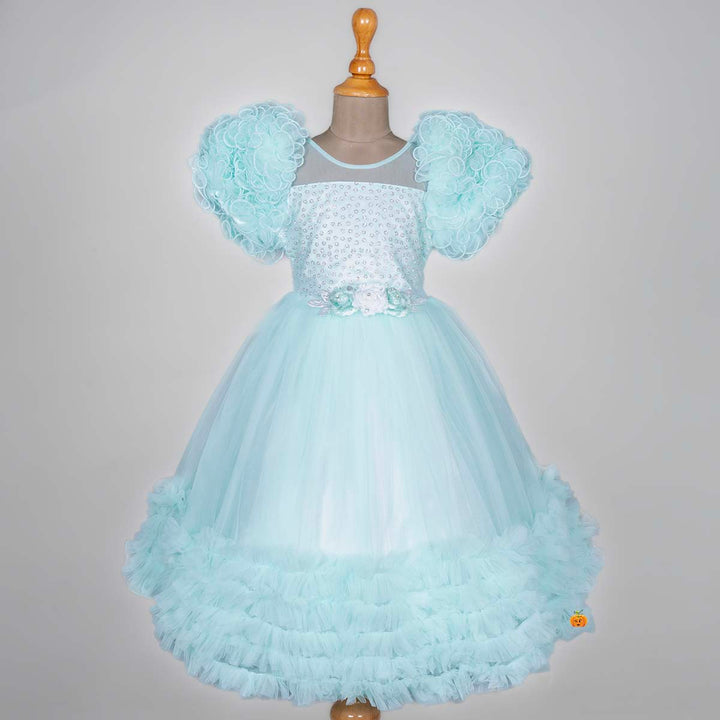 Sea Green Net Frill Girls Gown Front View