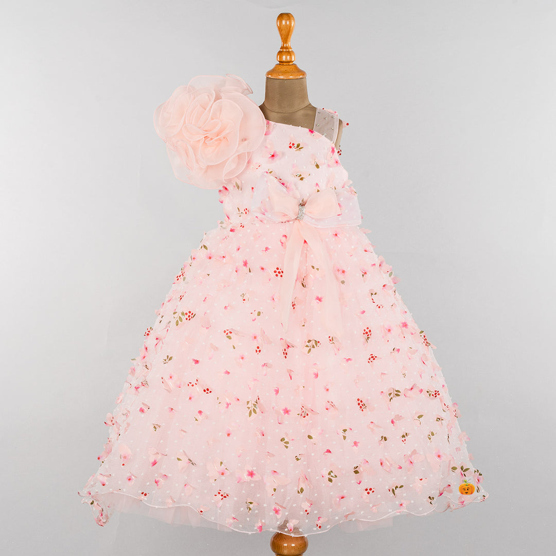 Peach Scattered Flower Girlish Gown Front
