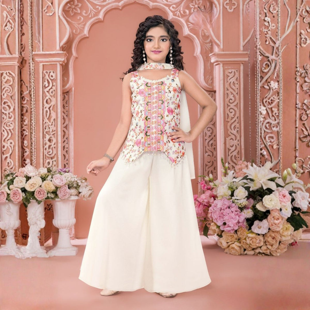 Cream & Rama Floral Print Girls Palazzo Suit