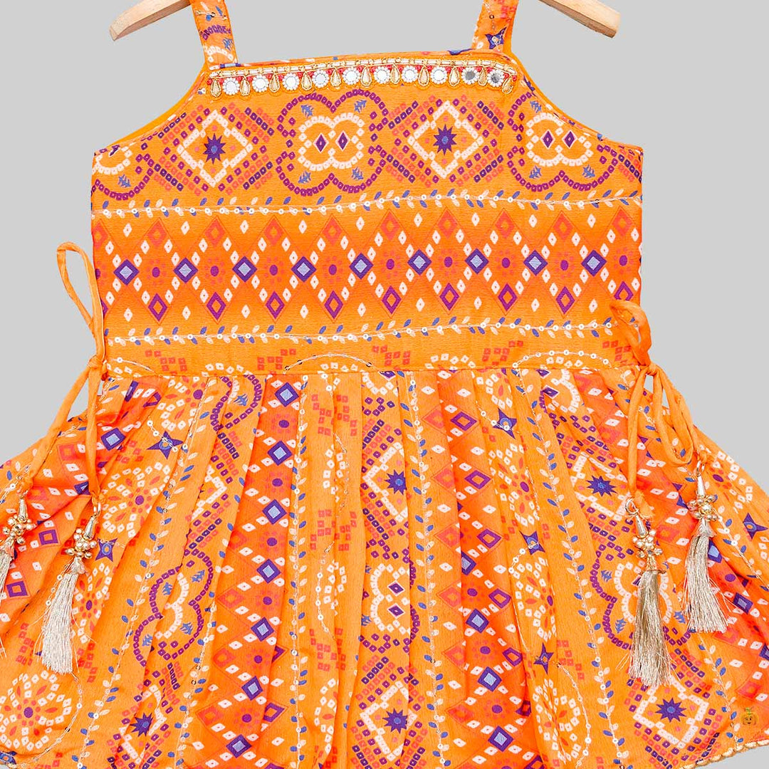 Orange Bandhej Pattern Peplum Girls Palazzo Suit Close Up 