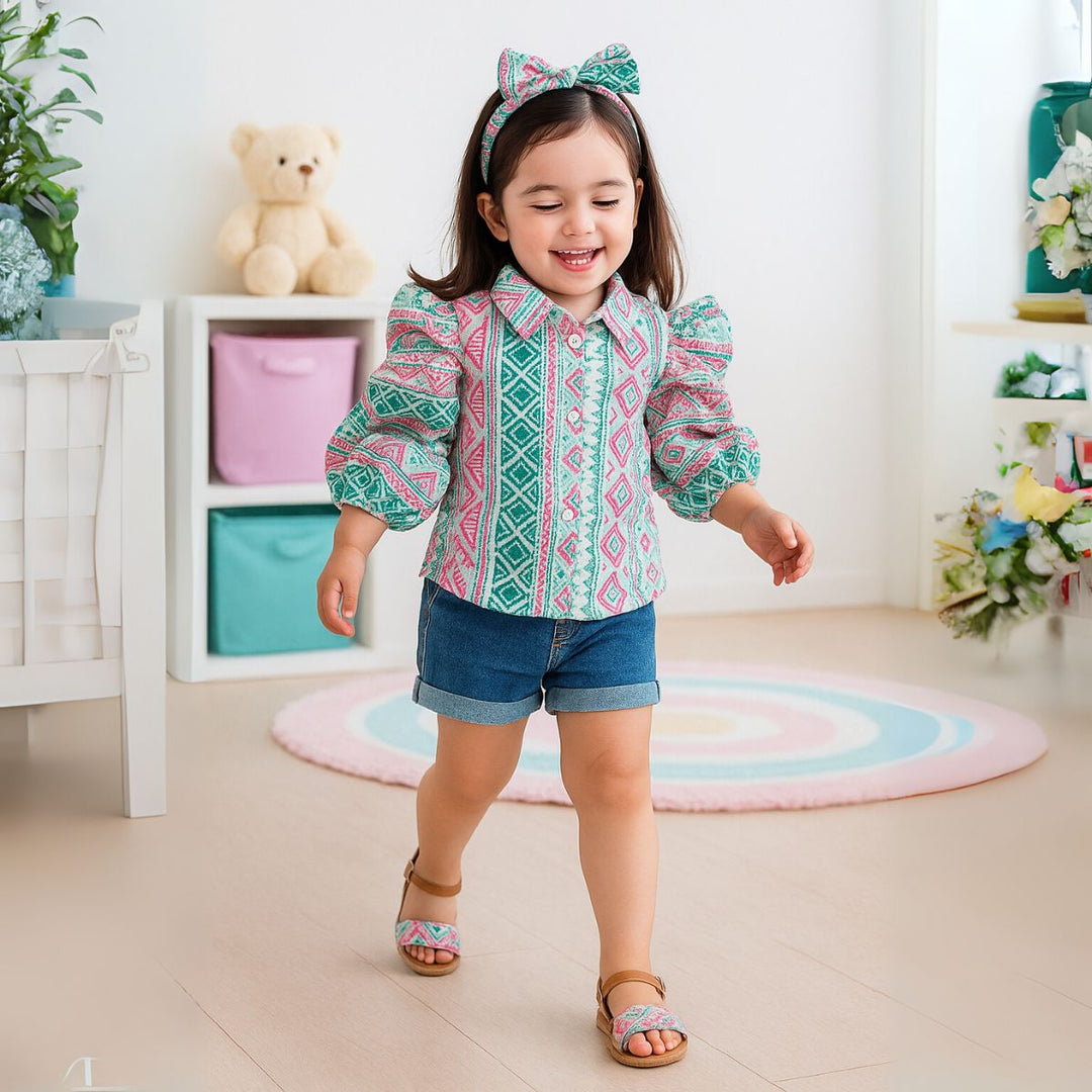 Multi Color Printed Puff Sleeve Top for Girls