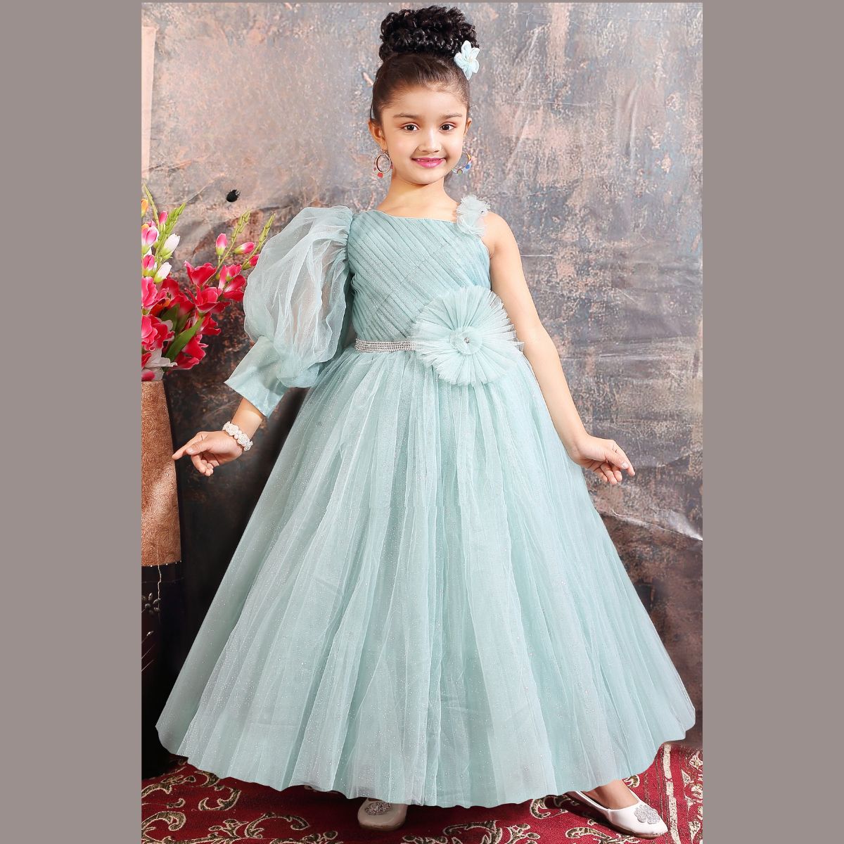 Puffy Sleeve Long Net Gown for Girls - Main Image