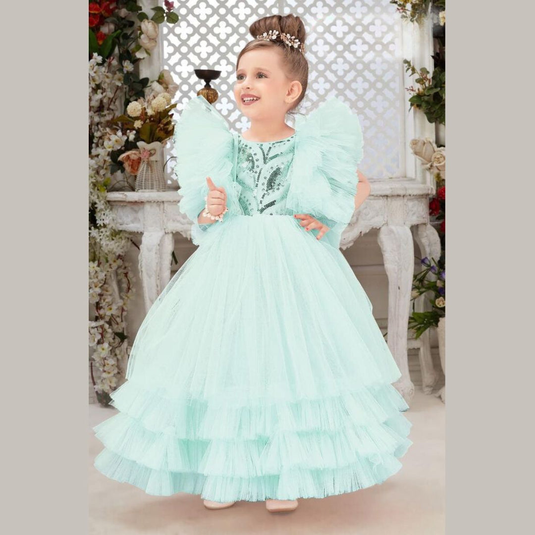 Turquoise Frill Sleeves Girlish Gown Front 