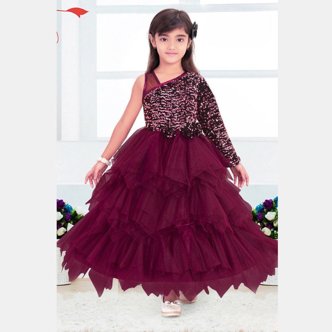 Wine Sequin Gown for Girls Front 