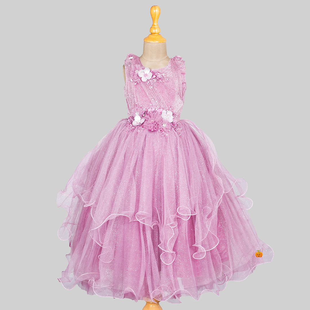 Onion Glittery Curly Net Girls Gown Front View
