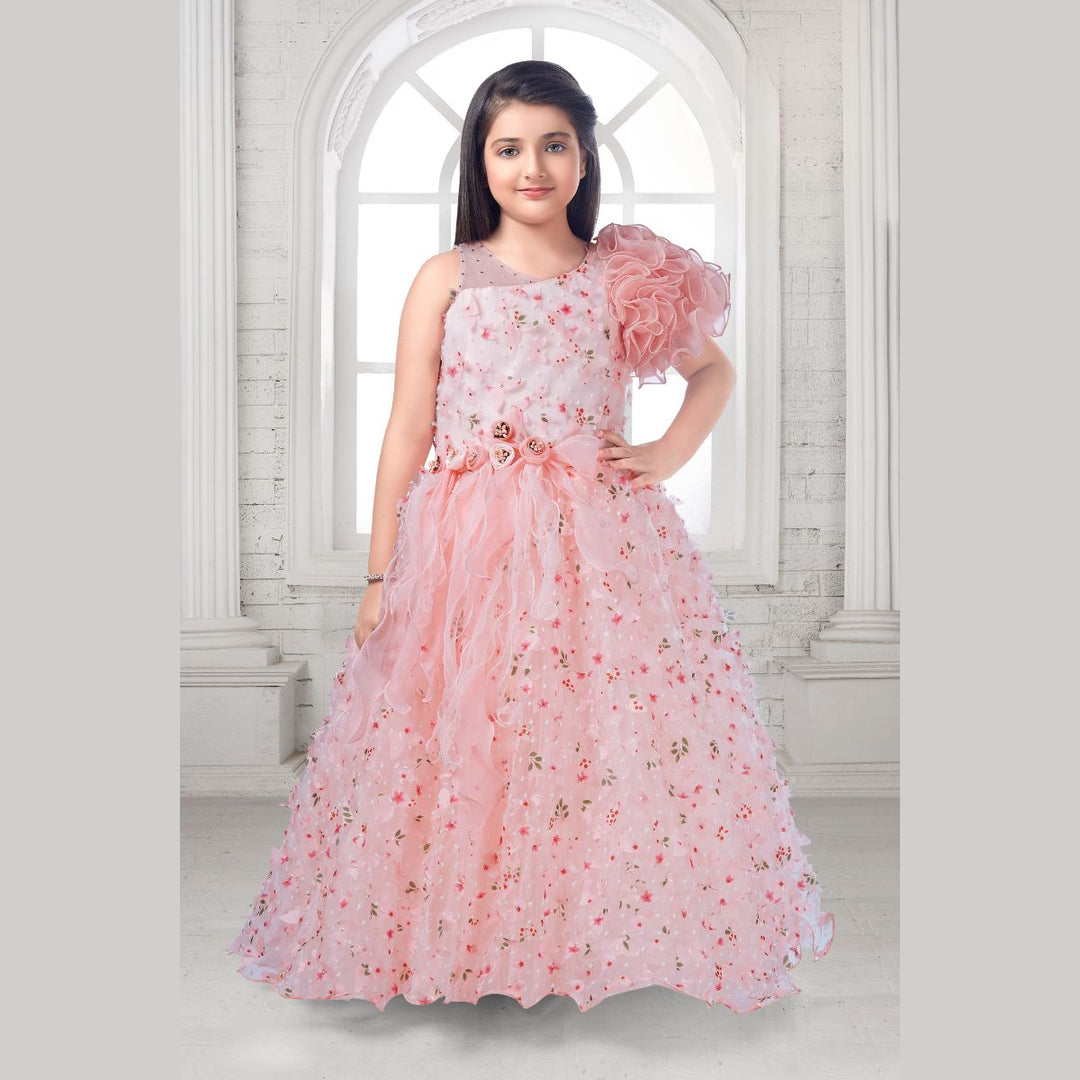 Peach Scattered Flower Gown for Girls Front 