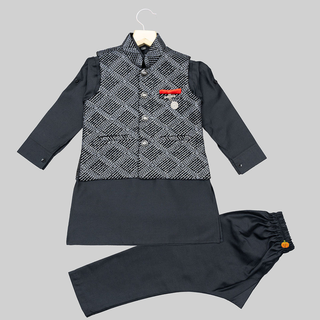 Black Embroidered Boys Kurta Pajama with Jacket Front View