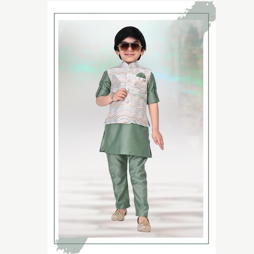 Pista Embroidered Boys Kurta Pajama with Jacket Front