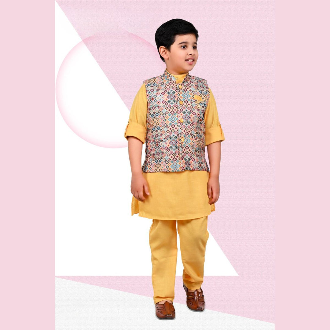 Golden Printed Boys Kurta Pajama with Jacket Front