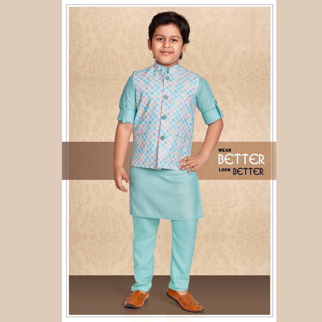 Yellow & Sea Green Kurta Pajama for Boys Front