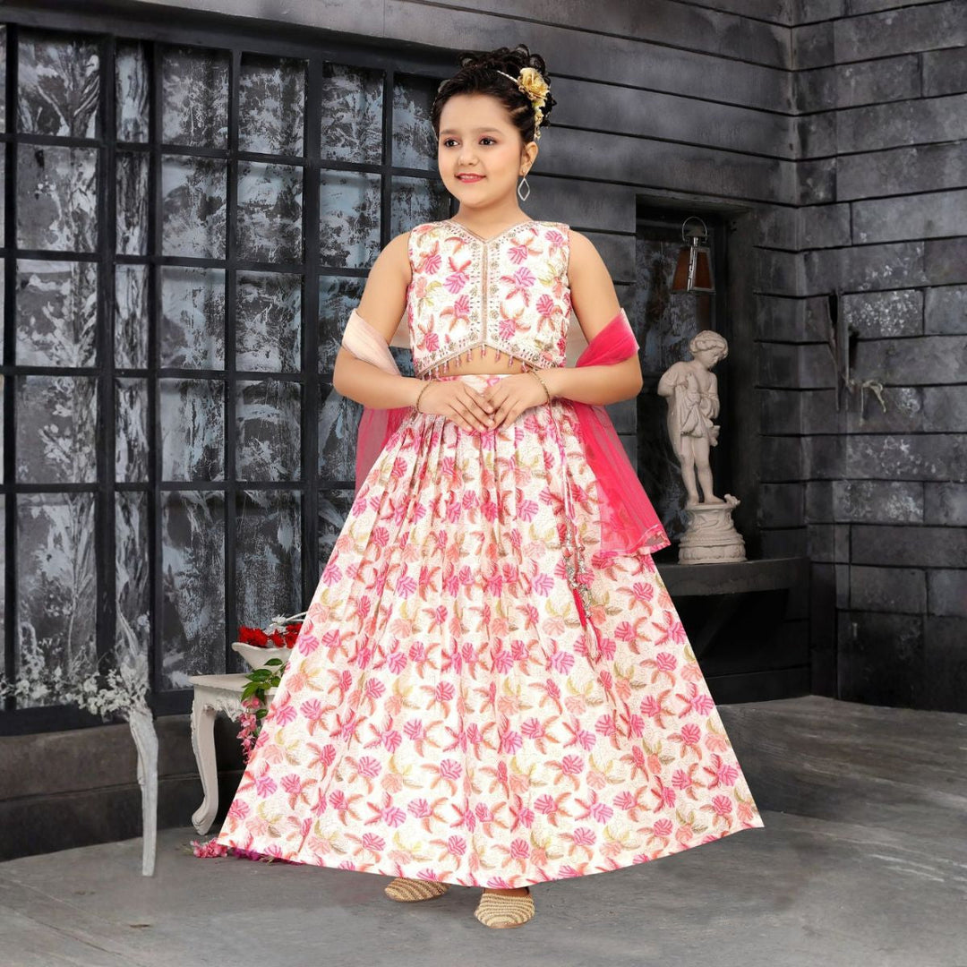 Cream Floral Girls Lehenga Choli
