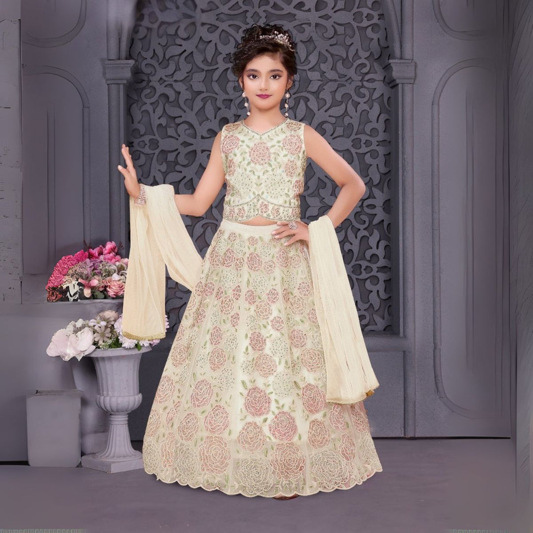 White Girls Lehenga Choli with Embroidered Floral Work