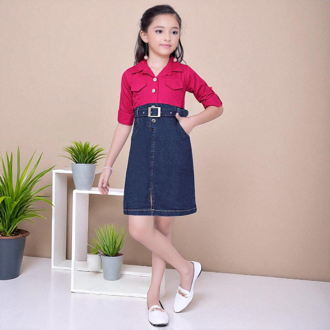 Rani Top with Denim Skirt Midi Dress for Girls