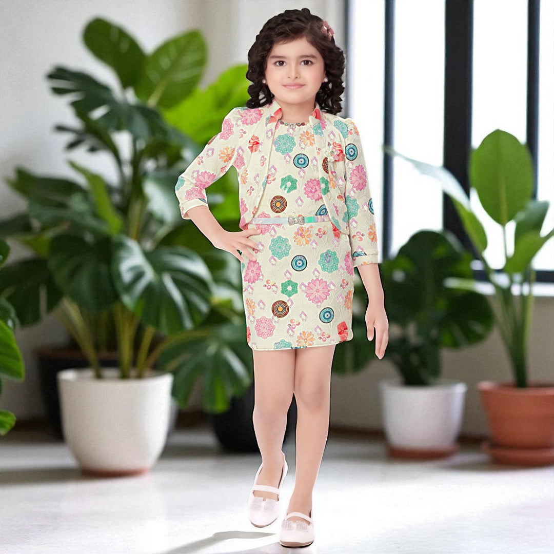 Multi-Color Floral Print Midi Dress for Girls with Jacket
