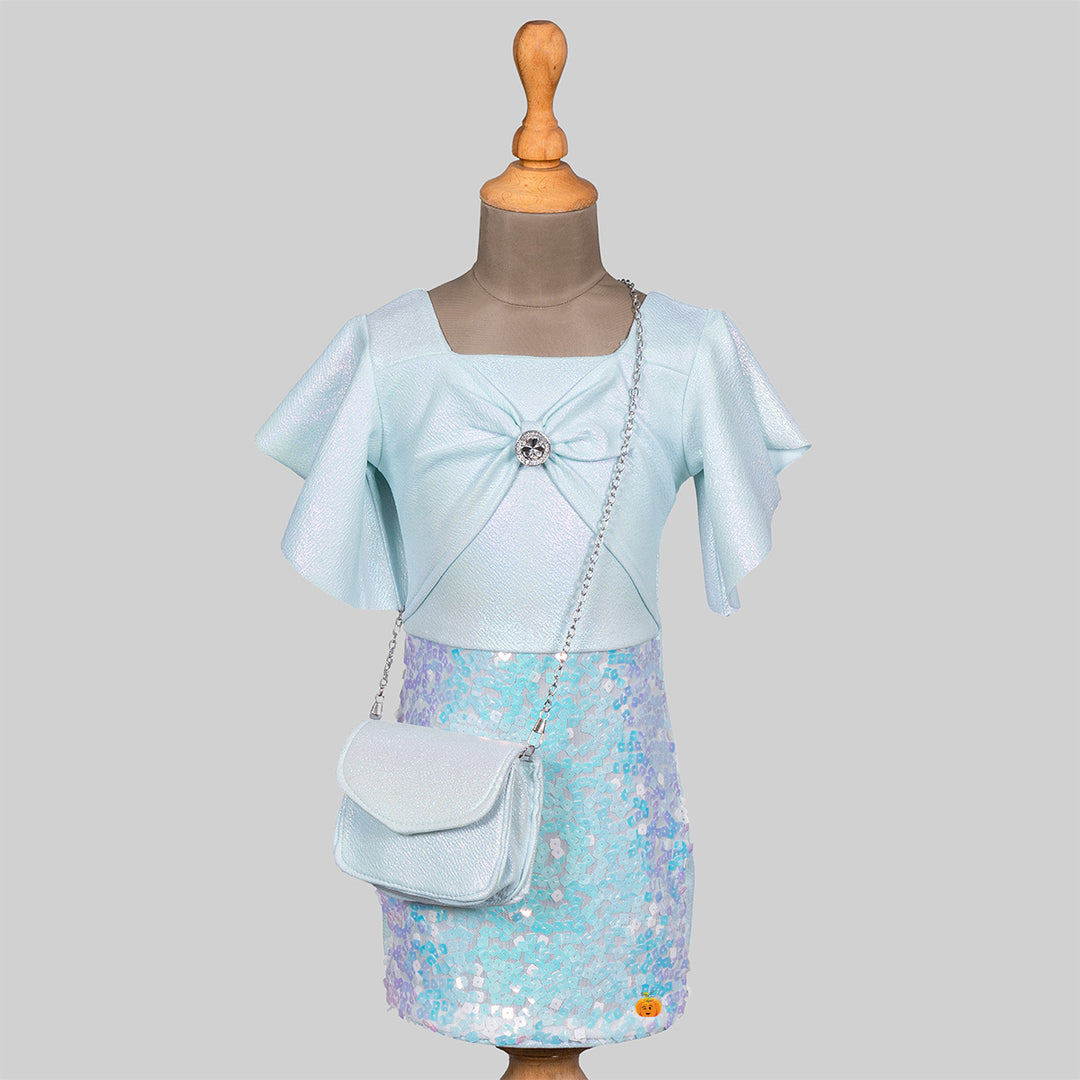 Sea Green & Pink Girls Midi with Bag Front
