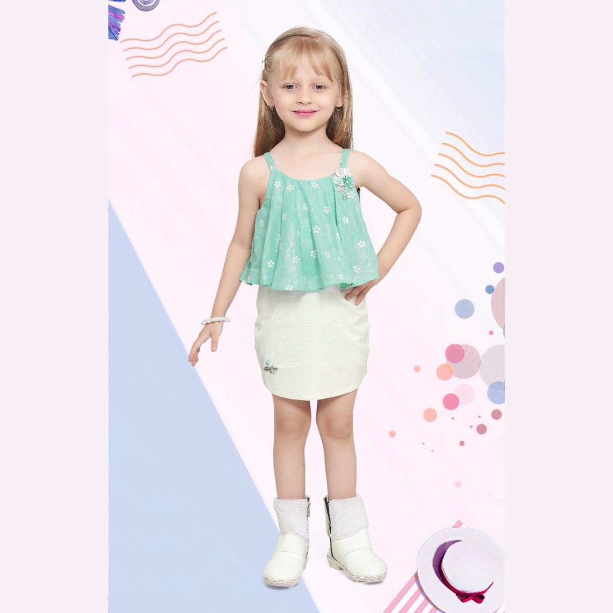 Girls Sea Green Pink Printed Chiffon Dress