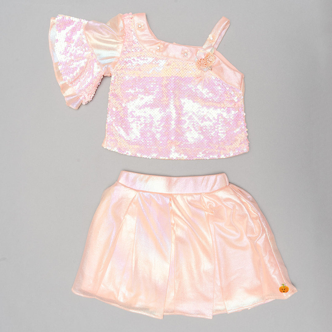 Peach Sequin Skirt & Top for Kids Front