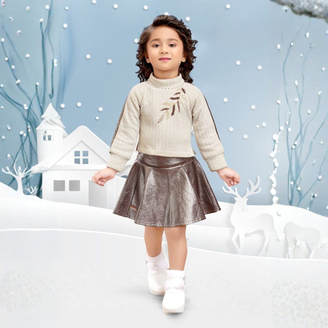 Cream Winter Girls Skirt & Top Set