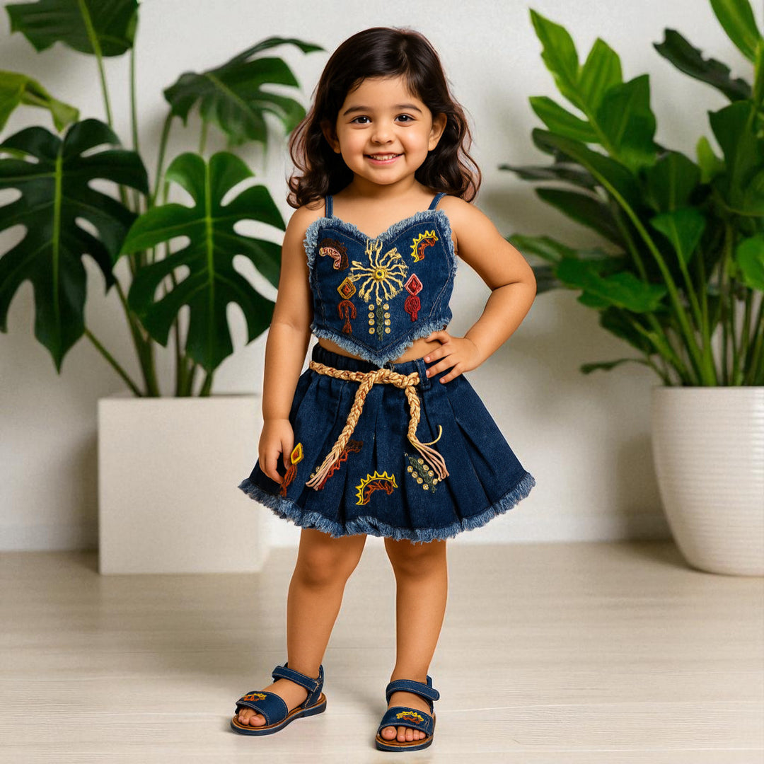 Blue Denim Skirt Top Set for Girls