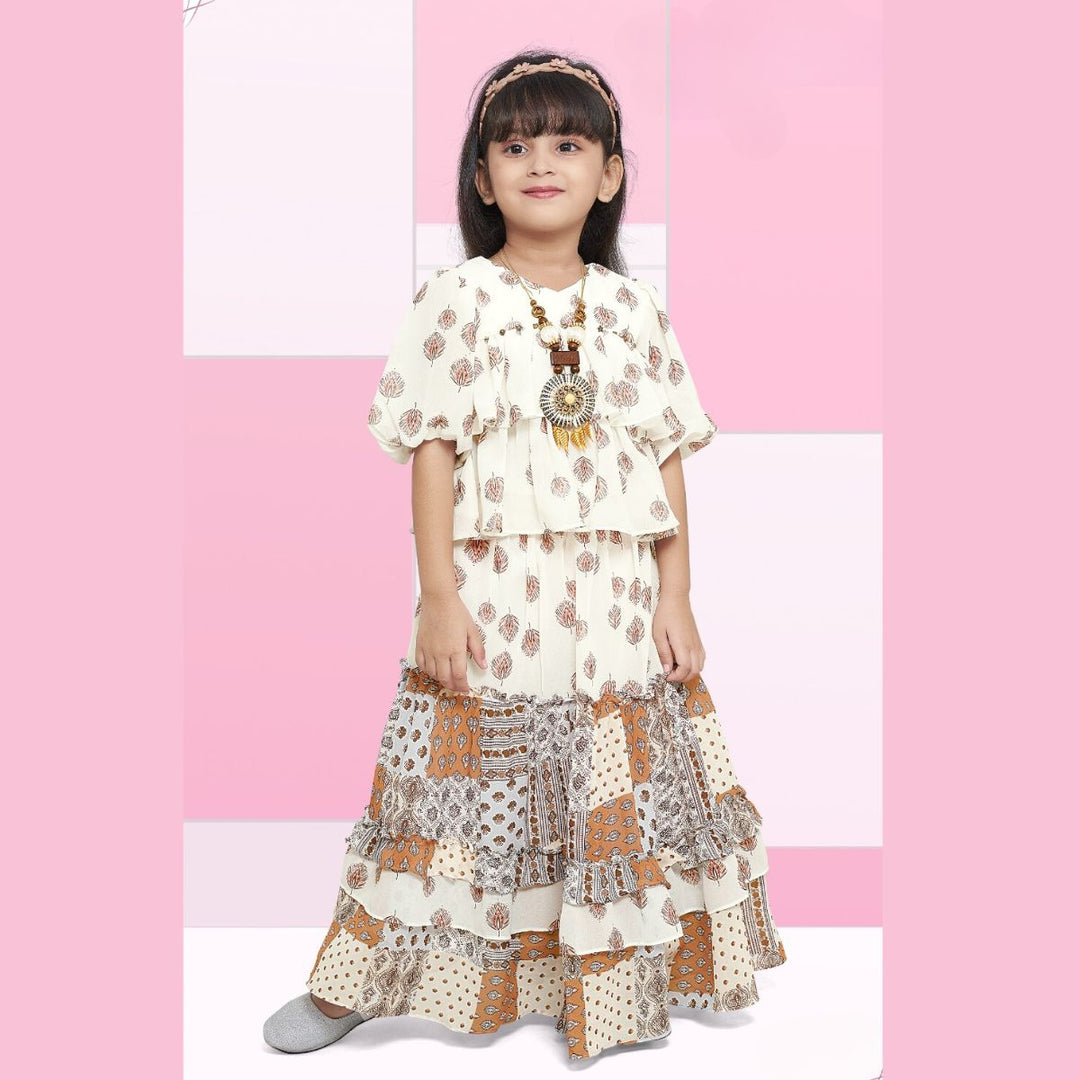 Cream Layered Skirt & Top for Girls Front 