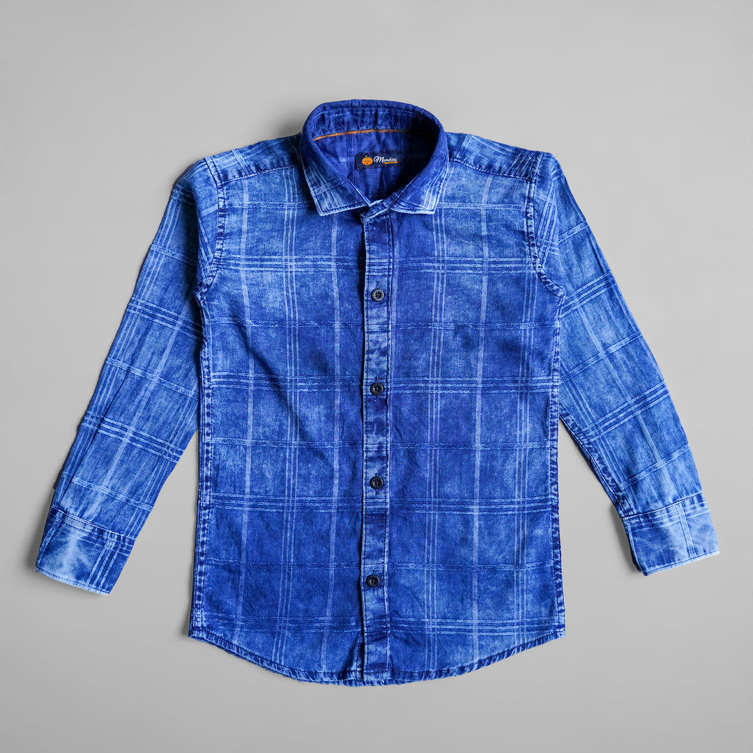 Blue Full Sleeve Checked Denim Shirt for Boys Front View