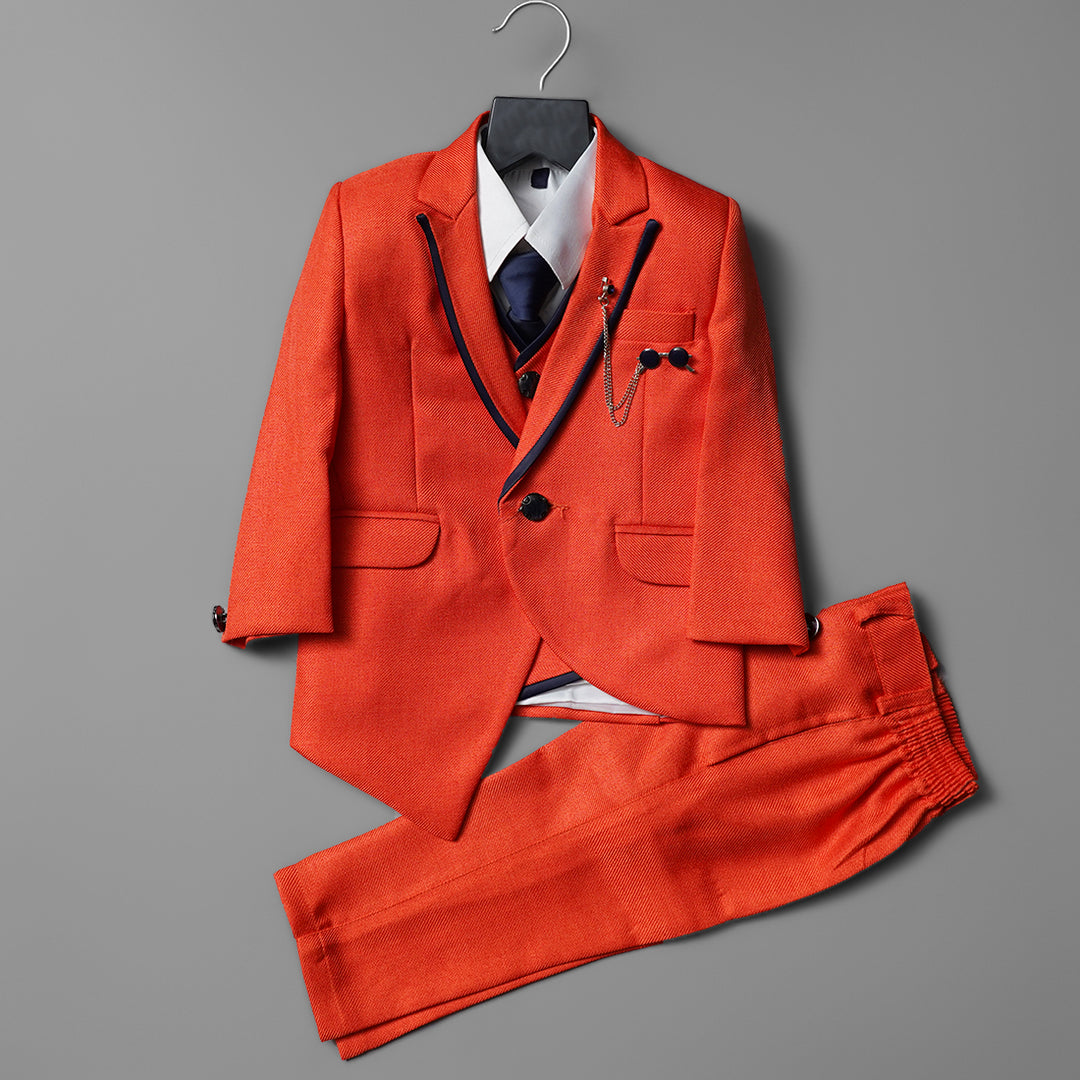 Turquoise & Orange Party Wear Boys Suit Front View